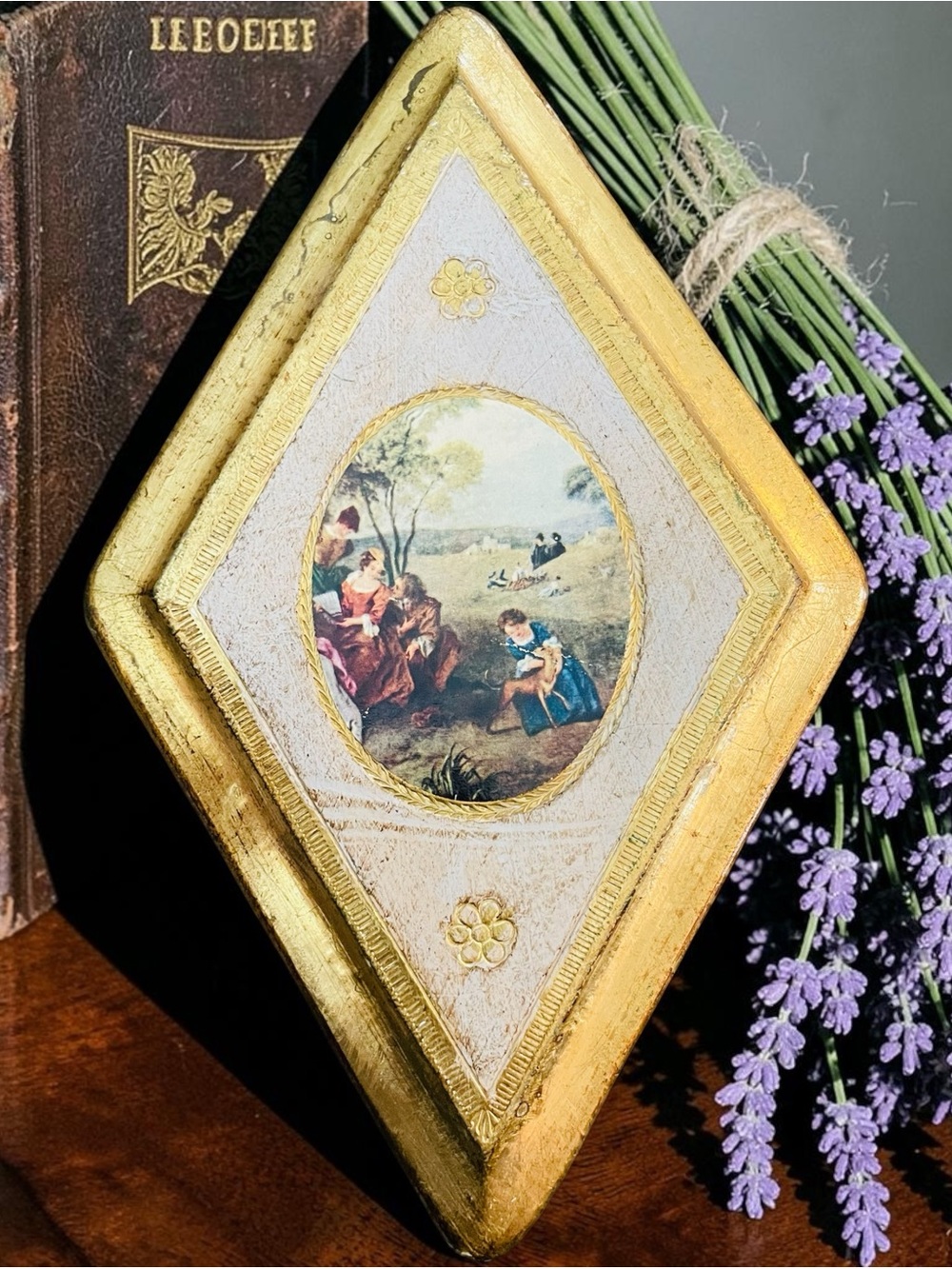 Italian Florentine Distressed Gold Diamond-Shaped Wood Plaque -Pastoral Scene